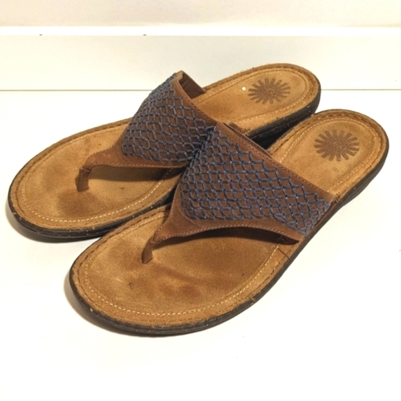 UGG Mahala 5105 Leather Suede Sandal Flip Flops Blue Tan Thong Size 9 - Picture 3 of 8